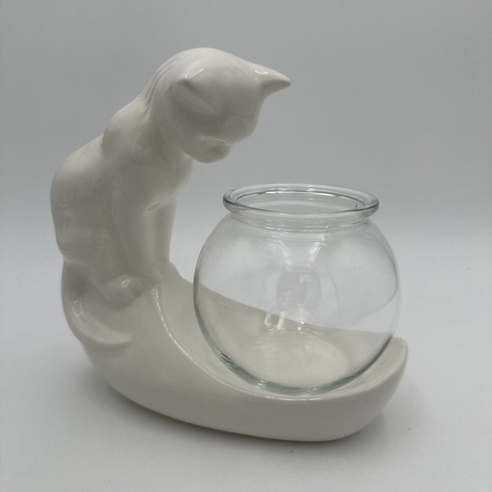 Vintage Camark Art Pottery White Cat Kitten Fishbowl Holder Stand & Bowl EUC